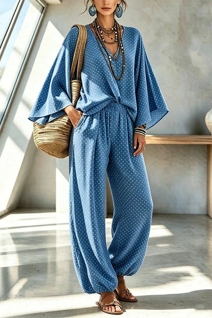 Retro Style Polka Dot Print Batwing Sleeve Top and Elastic Waist Loose Jogger Pants Set