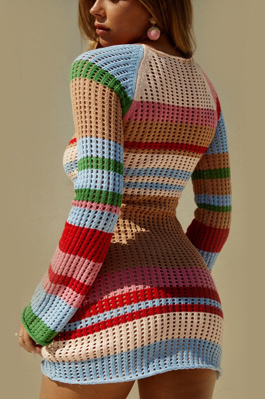 Striped Color-Block U-Neck Long-Sleeve Knit Sweater Dress