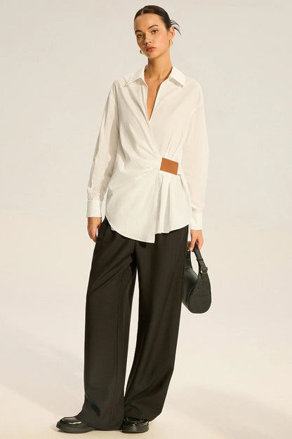 Faux Leather Panel Ruched Collared Slim Versatile Blouse
