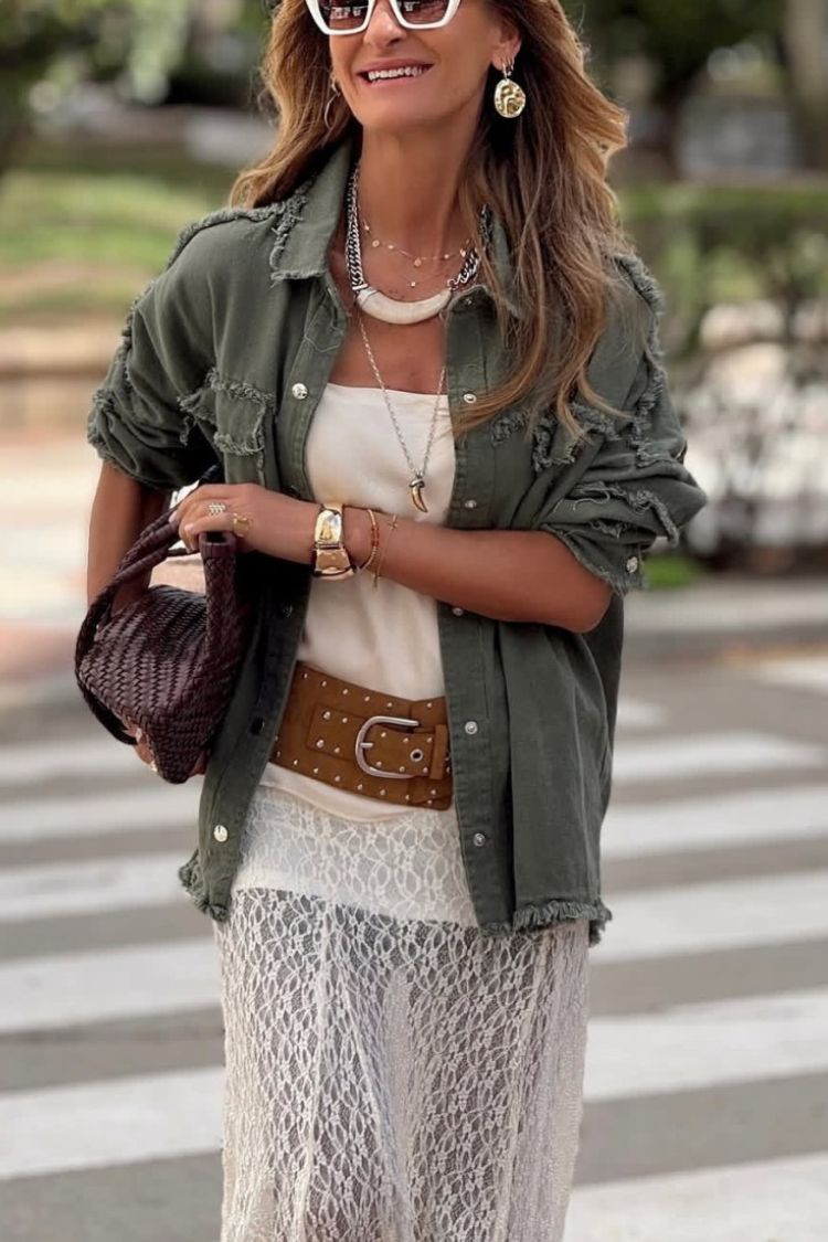 Khaki Green Denim Overshirt with Pink Crochet Mandala