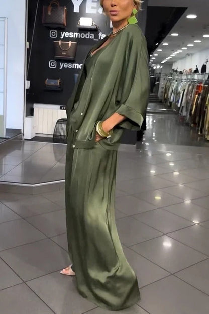 Ellie Satin Button Half Sleeve Cardigan and Tank and Elastic Waist Pocket Pants 3 Pieces Set