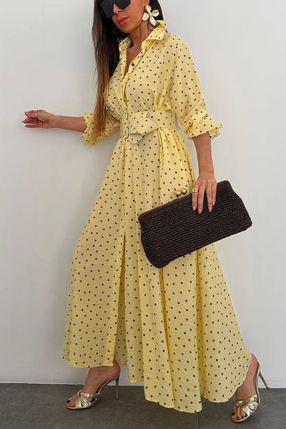 Ruby Color Blocked Polka Dot Print Belted Long Sleeve Pocket Shirt Maxi Dress