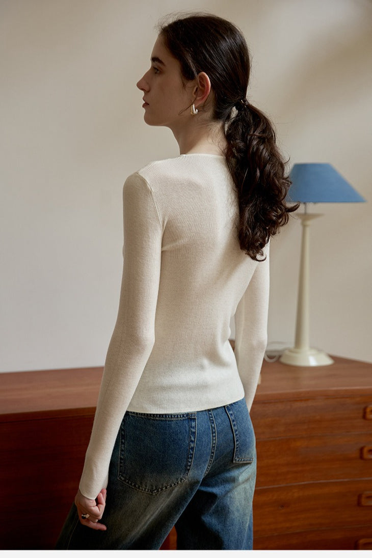 Sheer Panel Slim Wool Knit Top