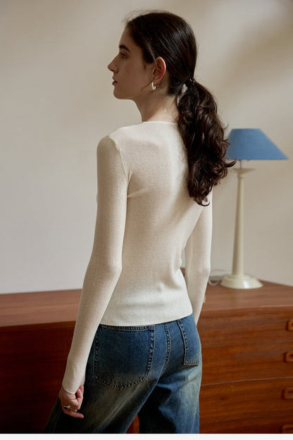 Sheer Panel Slim Wool Knit Top