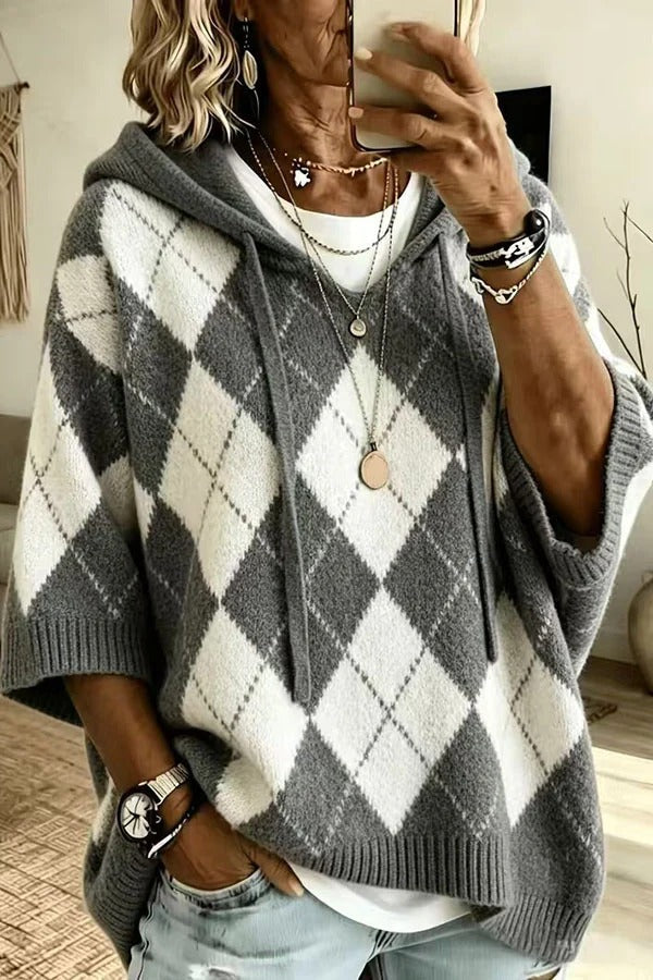 Comfortable and Casual Knit Color-blocked Plaid Print Half Sleeve Hoodie Sweater