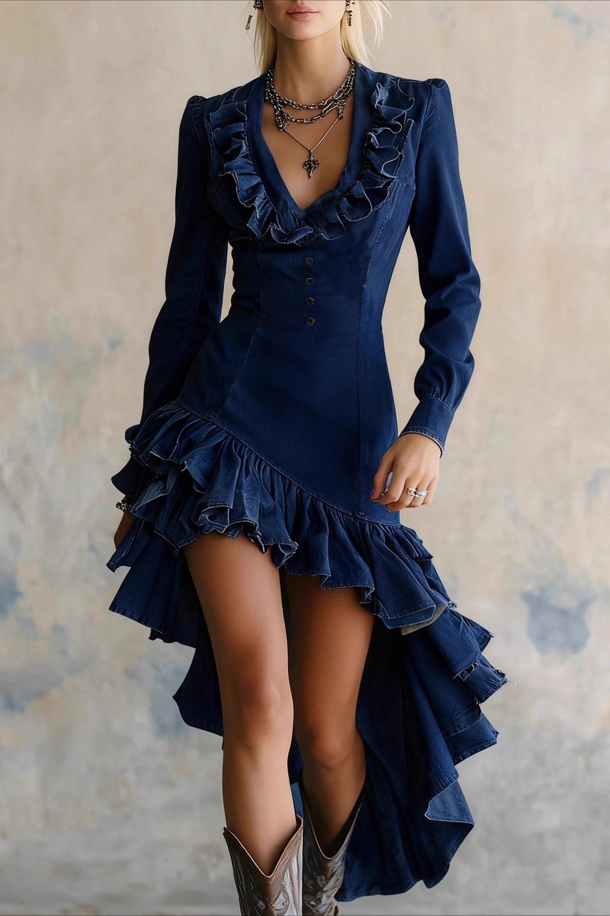 Denim Ruffle Puff Sleeve A-Line Boho Dress