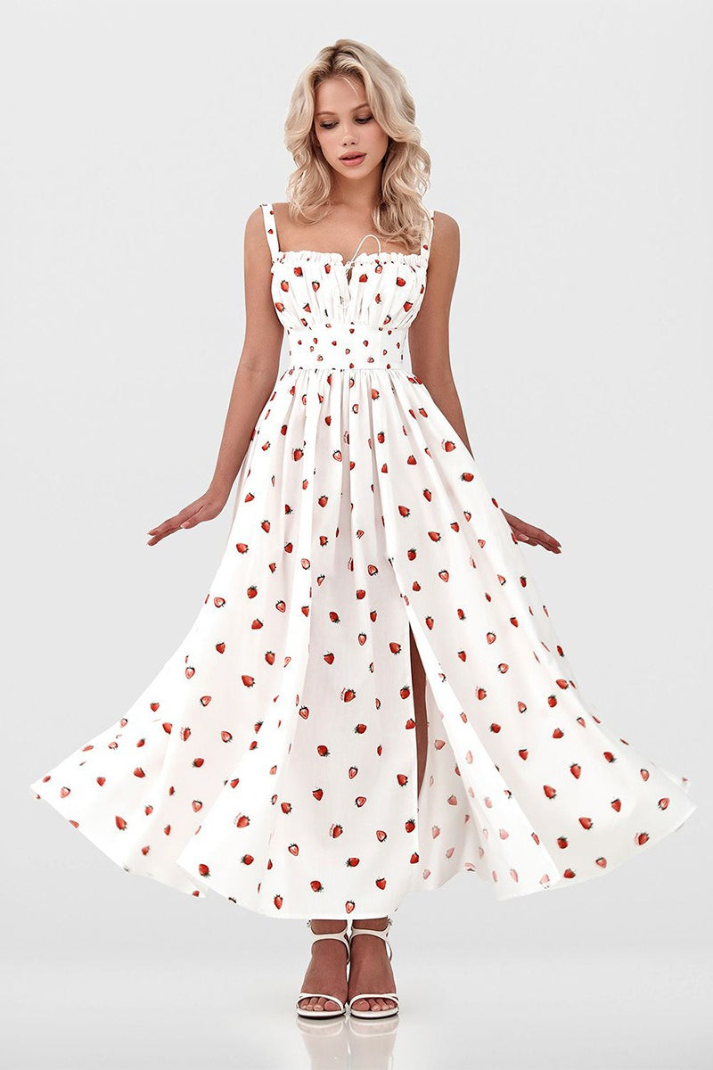 Low Neck Strap High Waist Slit Floral Dress