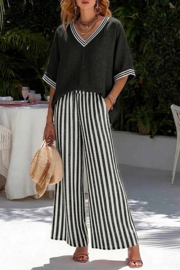 Textured Linen V-Neck Striped Wide-Leg Pants Vacation Set