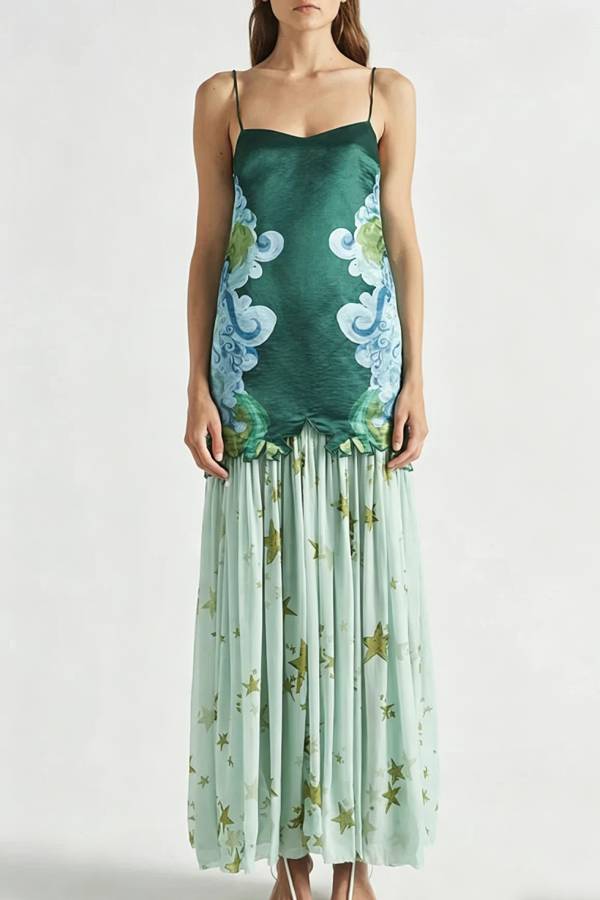 Fresh Bloom Unique Print Satin and Pleated Tulle Hem Slip Maxi Dress