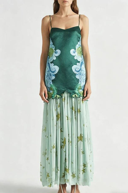Fresh Bloom Unique Print Satin and Pleated Tulle Hem Slip Maxi Dress
