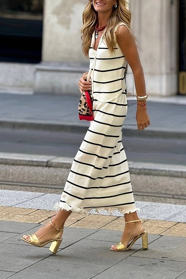 Striped Sleeveless Cardigan + Ruffled Midi Skirt Knit Set