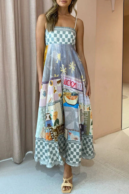 Gingham Trim Patchwork Graphic Print Square Neck Spaghetti Strap Maxi Dress