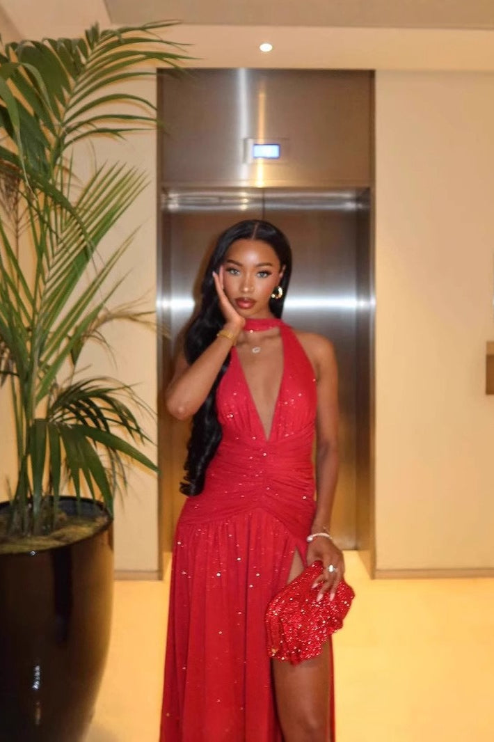 Sleeveless Backless Deep V Sequin Slit Formal Dress