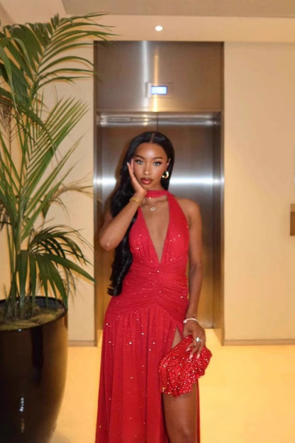 Sleeveless Backless Deep V Sequin Slit Formal Dress