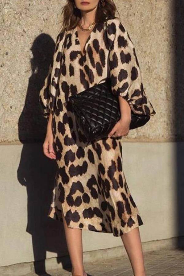 Loose V-Neck Leopard Print Balloon Sleeve Midi Dress