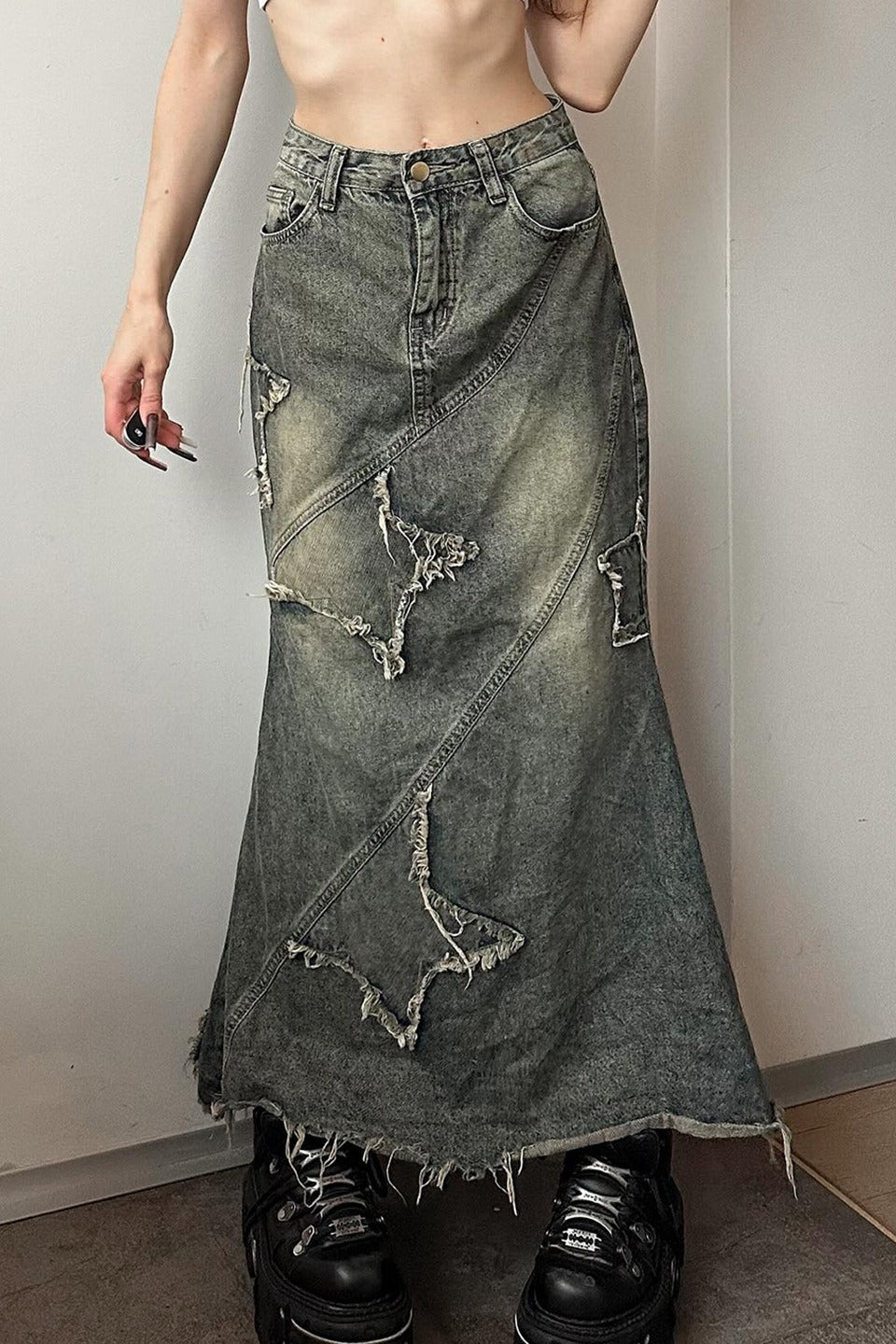 Y2K Raw Hem High Waist Denim Skirt