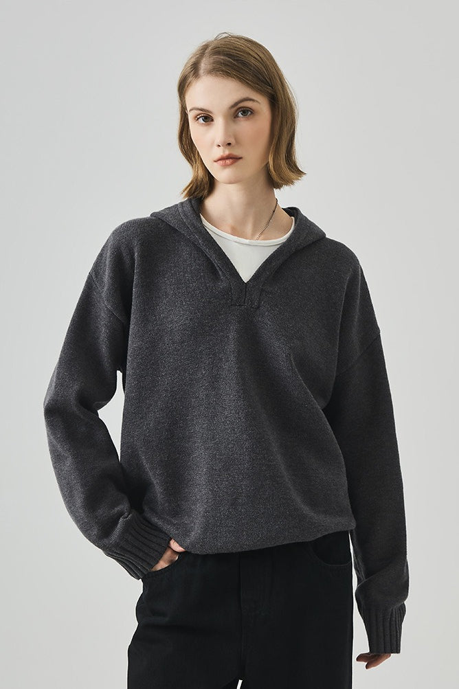 Slouchy V-Neck Hooded Sweater