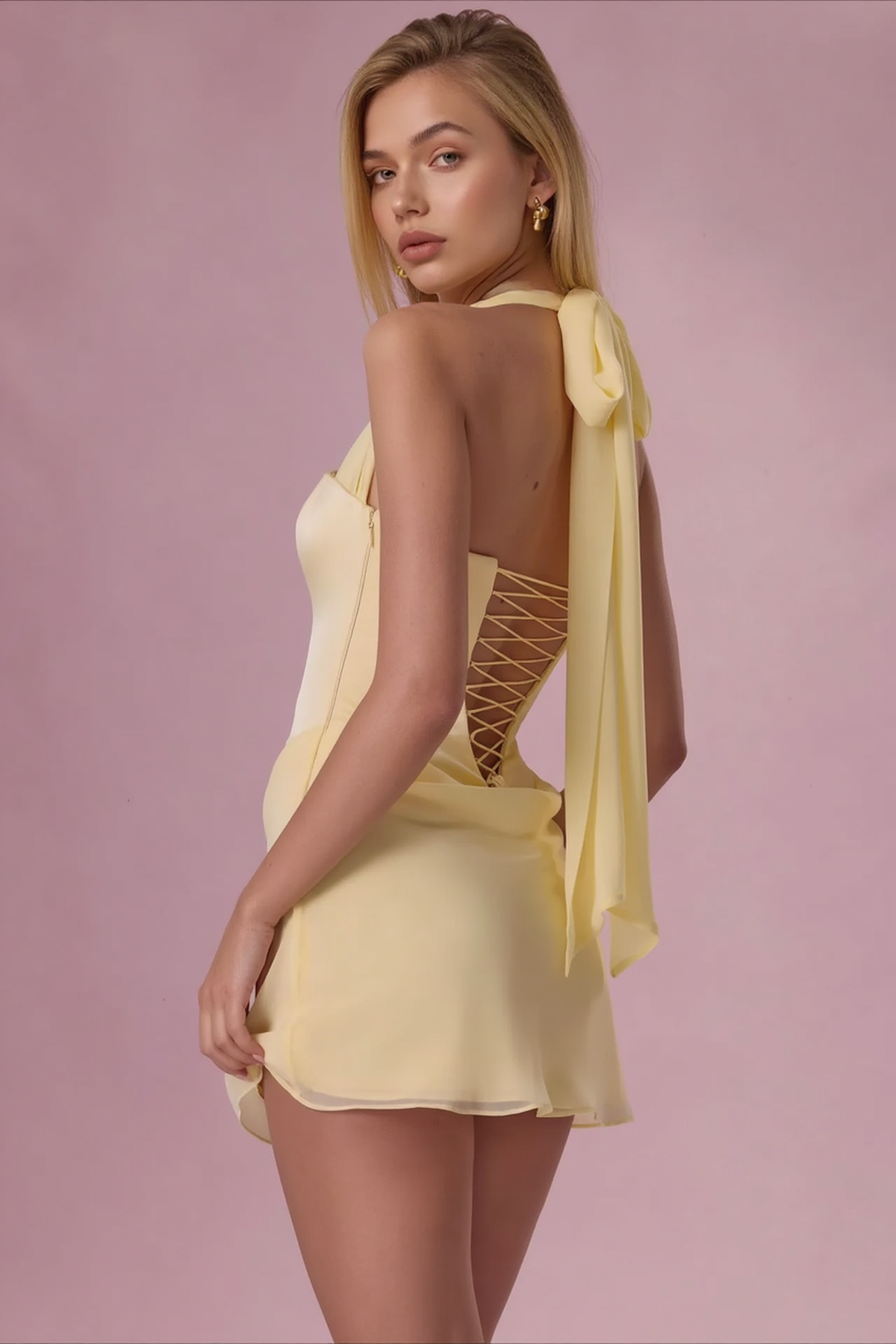 Chiffon Halter Low Cut Tie Waist Bodycon Party Dress