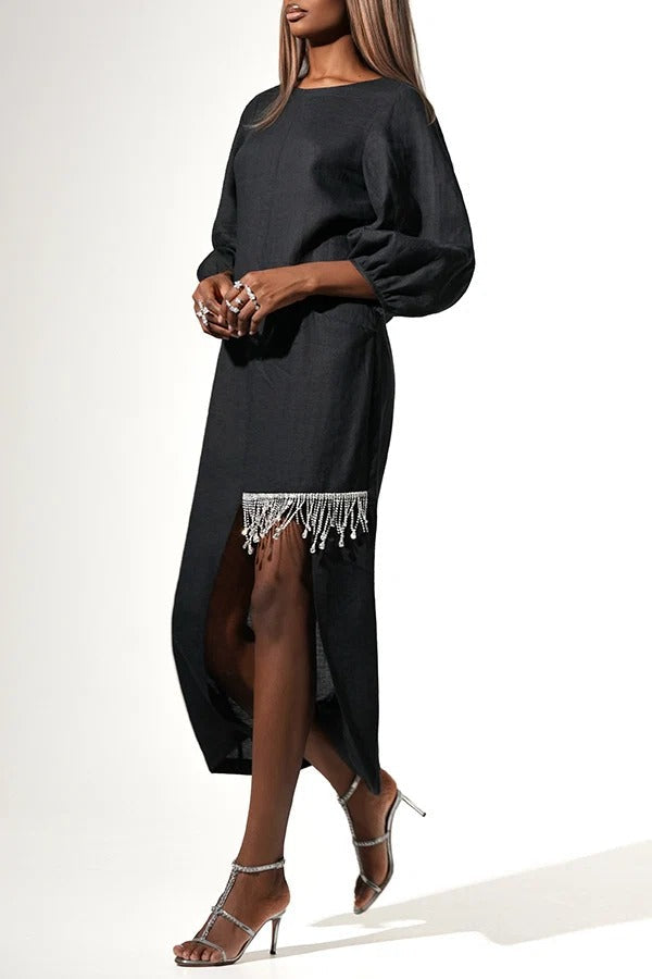 Luna Linen Blend Balloon Sleeve Pocket Silver Tassels Asymmetrical Hem Midi Dress