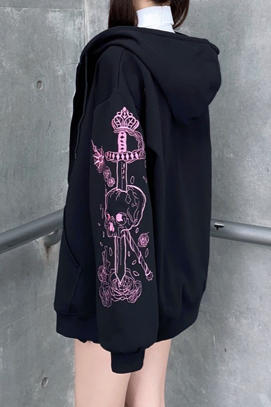 Printed Zip Vintage Black Casual Sporty Hoodie