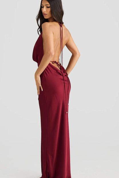 Sleeveless Halter Draped Neck Solid Satin Slim Formal Dress