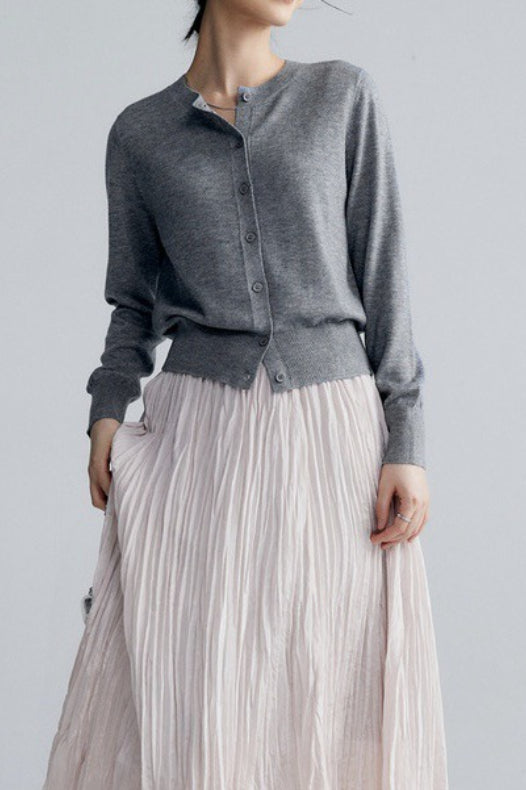 Solid Color Round Neck Knit Cardigan