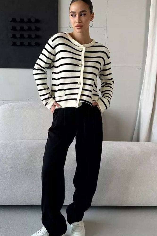 Cropped Stripe Knit Cardigan