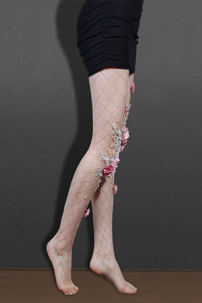 Embroidered Flower Pearl Nude Fishnet Tights