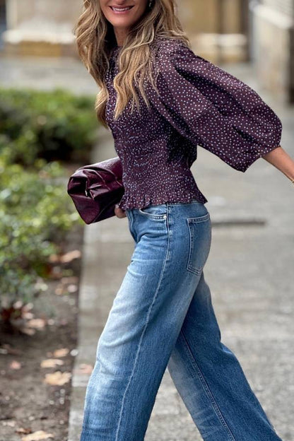 Burgundy Polka Dot Puff Sleeve Smocked Waist Cropped Blouse