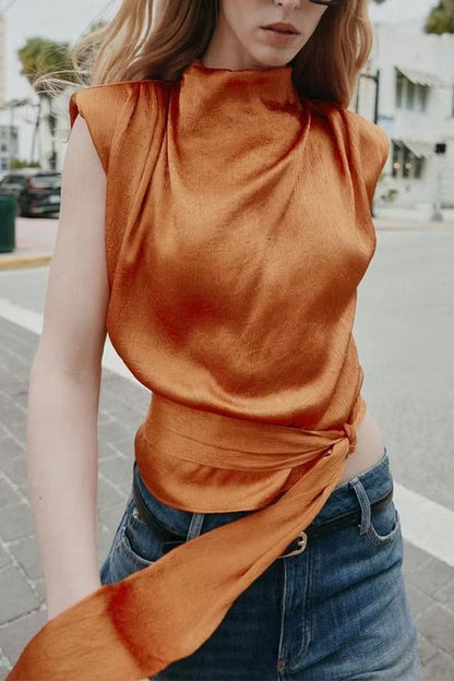 L'Aura Padded-Shoulder Wrap-Around Satin Top