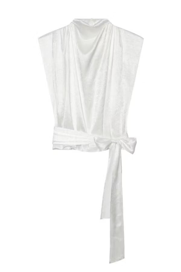 L'Aura Padded-Shoulder Wrap-Around Satin Top