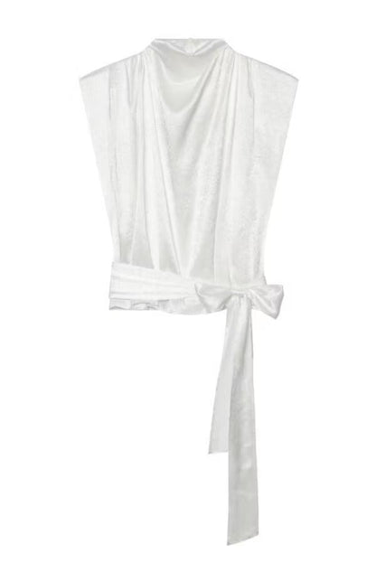 L'Aura Padded-Shoulder Wrap-Around Satin Top