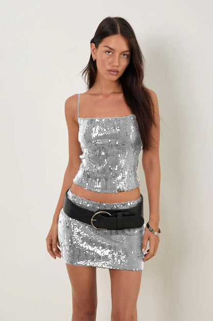 Sequin Low Cut Spaghetti Strap Crop Top