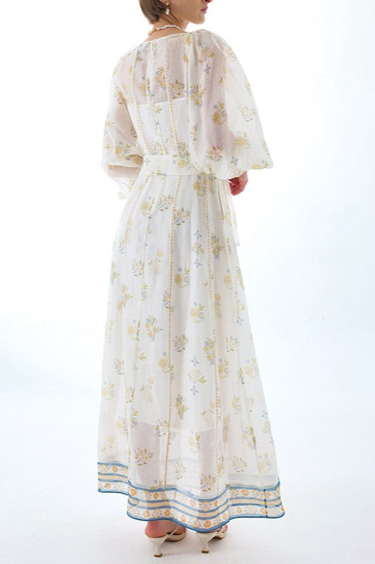 Embroidered Puff Sleeve Tie Boho Dress
