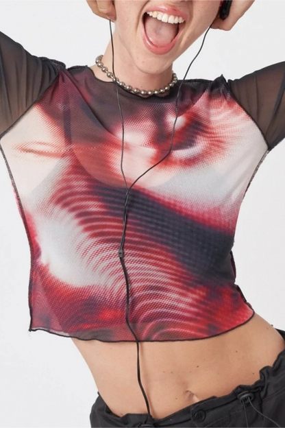 Y2K Crew Neck Slim Color Block Long Sleeve Crop Top