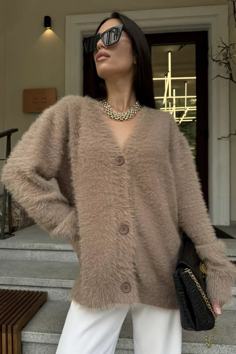 Faux Fur V Neck Cardigan
