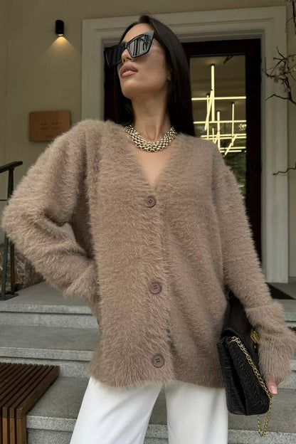 Faux Fur V Neck Cardigan
