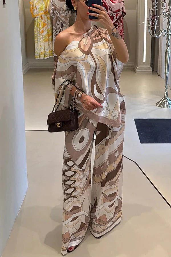Luxe Resort Satin Unique Print Cape-style Top and Elastic Waist Pocket Wide Leg Pants Set