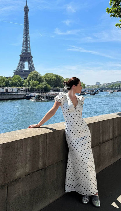 Polka Dot Puff Sleeve Deep V-Neck Fit and Flare Maxi Dress