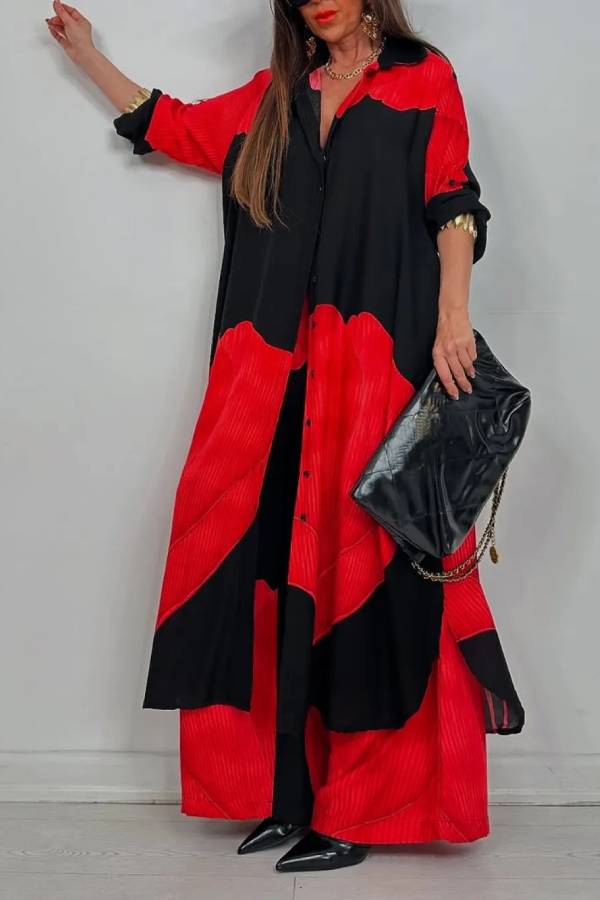 Color Block Vertical Stripe Print Long Shirt Cardigan & Elastic Waist Wide Leg Pants 2 Piece Set