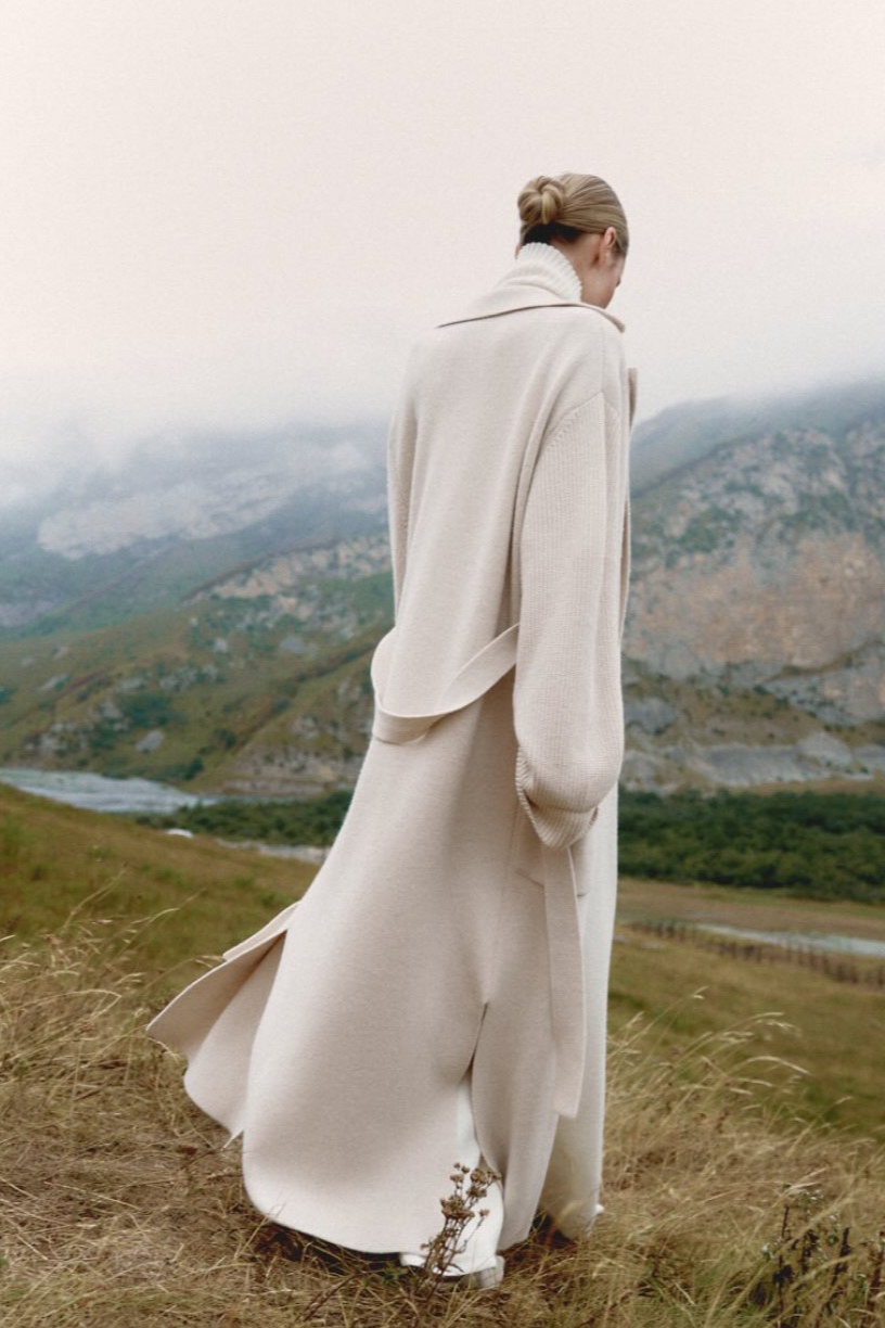 Knitted Blend Notched Lapel Tied Waist Long Overcoat