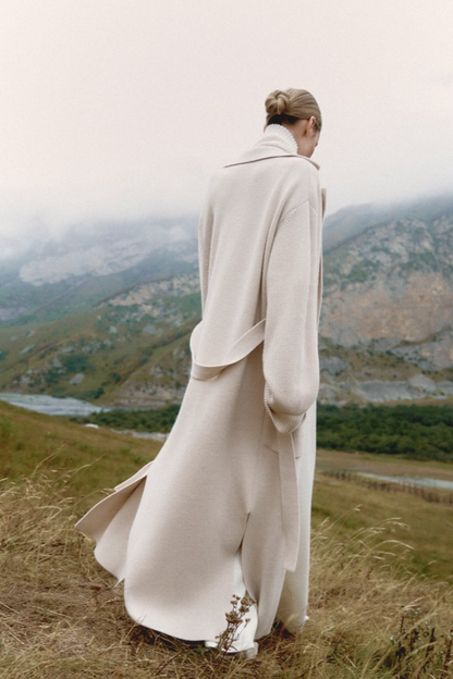 Knitted Blend Notched Lapel Tied Waist Long Overcoat