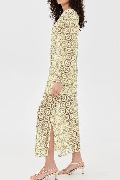 Summer Fashion Floral Crochet Cutout Fabric Long Sleeve Slit Vacation Midi Dress