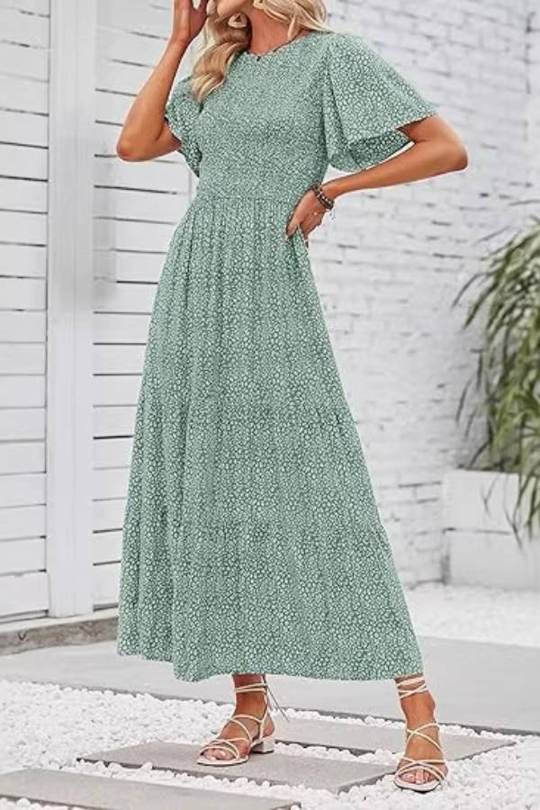 Floral Print Round Neck Short Sleeve Tiered Maxi Dress