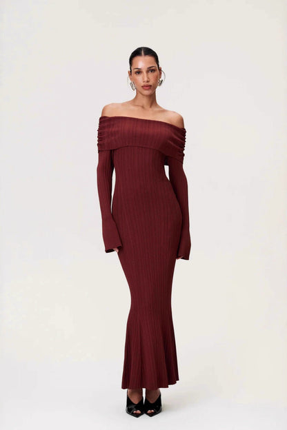 Solid Ruched Off-Shoulder Knit Bodycon Dress