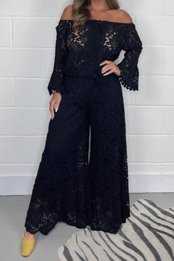 Multi-Color Lace Off-the-Shoulder Flare Sleeve Wide Leg Pants Set
