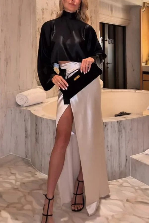 Elegant High-neck Long-sleeved Loose Top and Cross-strap High-slit Maxi Skirt Set