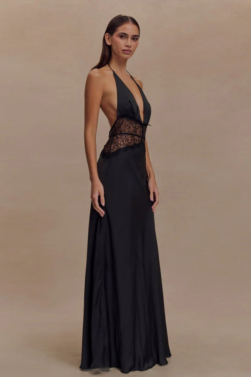 Deep V Halter Satin Slip Prom Dress