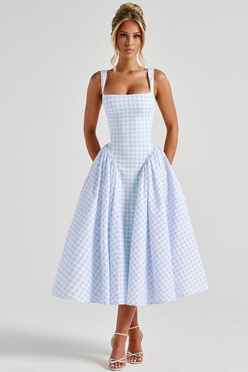 Plaid Printed Ruched Backless Spaghetti Strap Prom Dress
