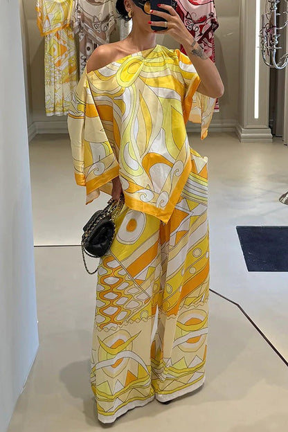Luxe Resort Satin Unique Print Cape-style Top and Elastic Waist Pocket Wide Leg Pants Set